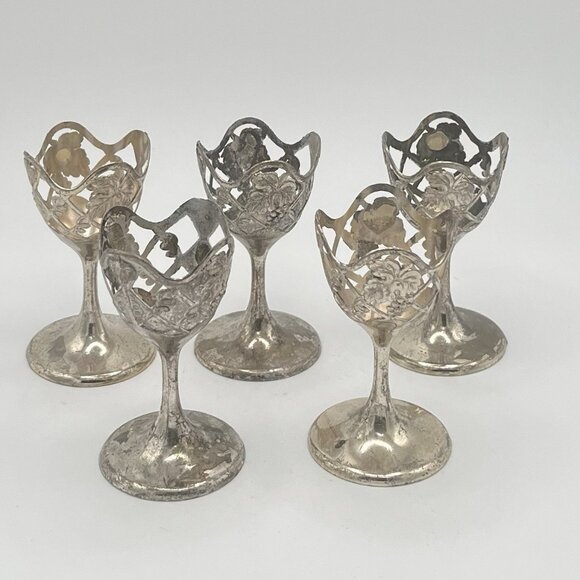 Antique Japan Metal Silver Plated Grape Grecian Cordial Glass Inserts 5 Cups - Picture 1 of 6